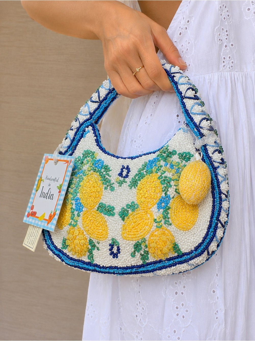 NWT Hand Beaded Lemon Shoulder Bag White Blue Summer Fruit Purse